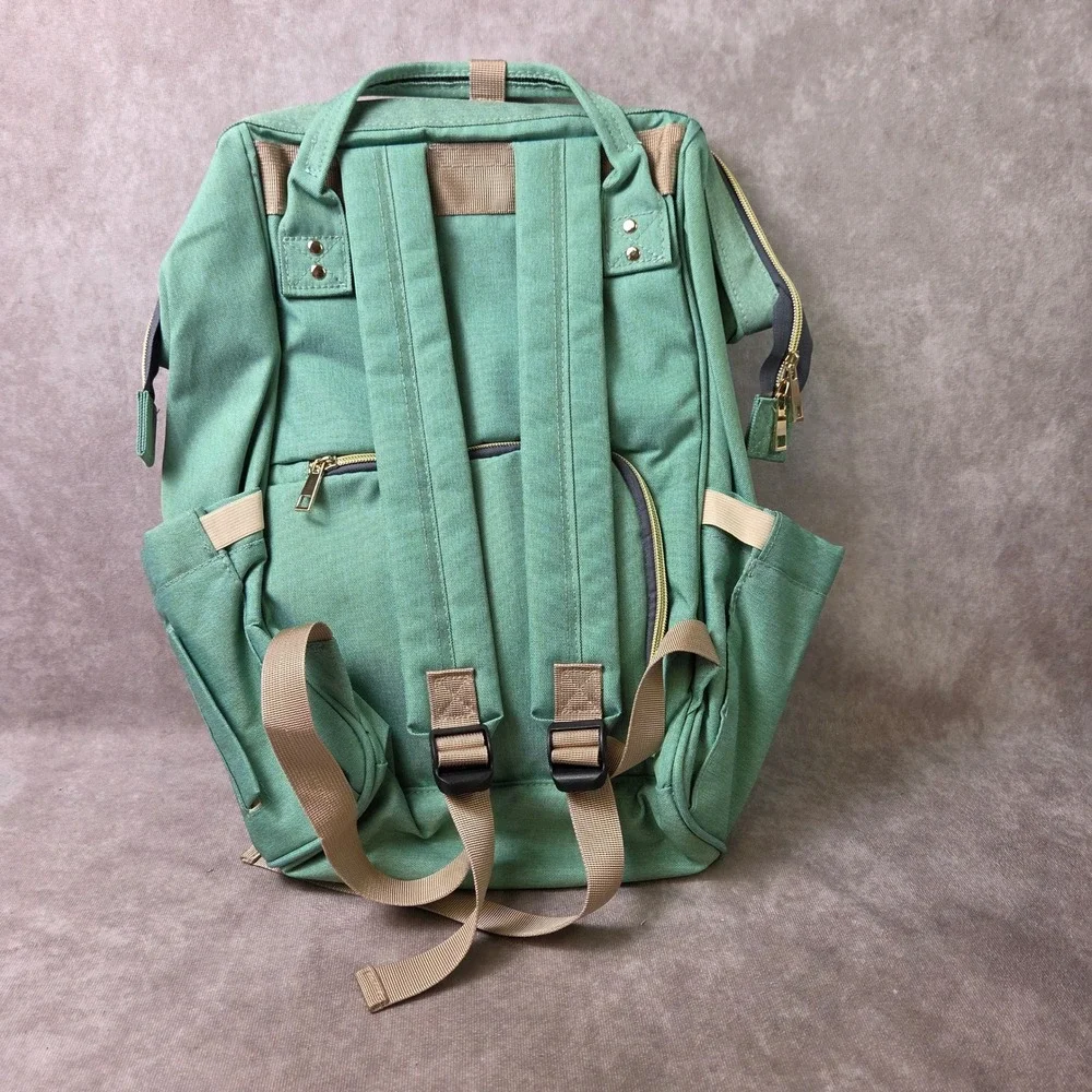 Taylor'd Baby Diaper Bag Backpack Green Canvas Travel Organizer Gold Hardware